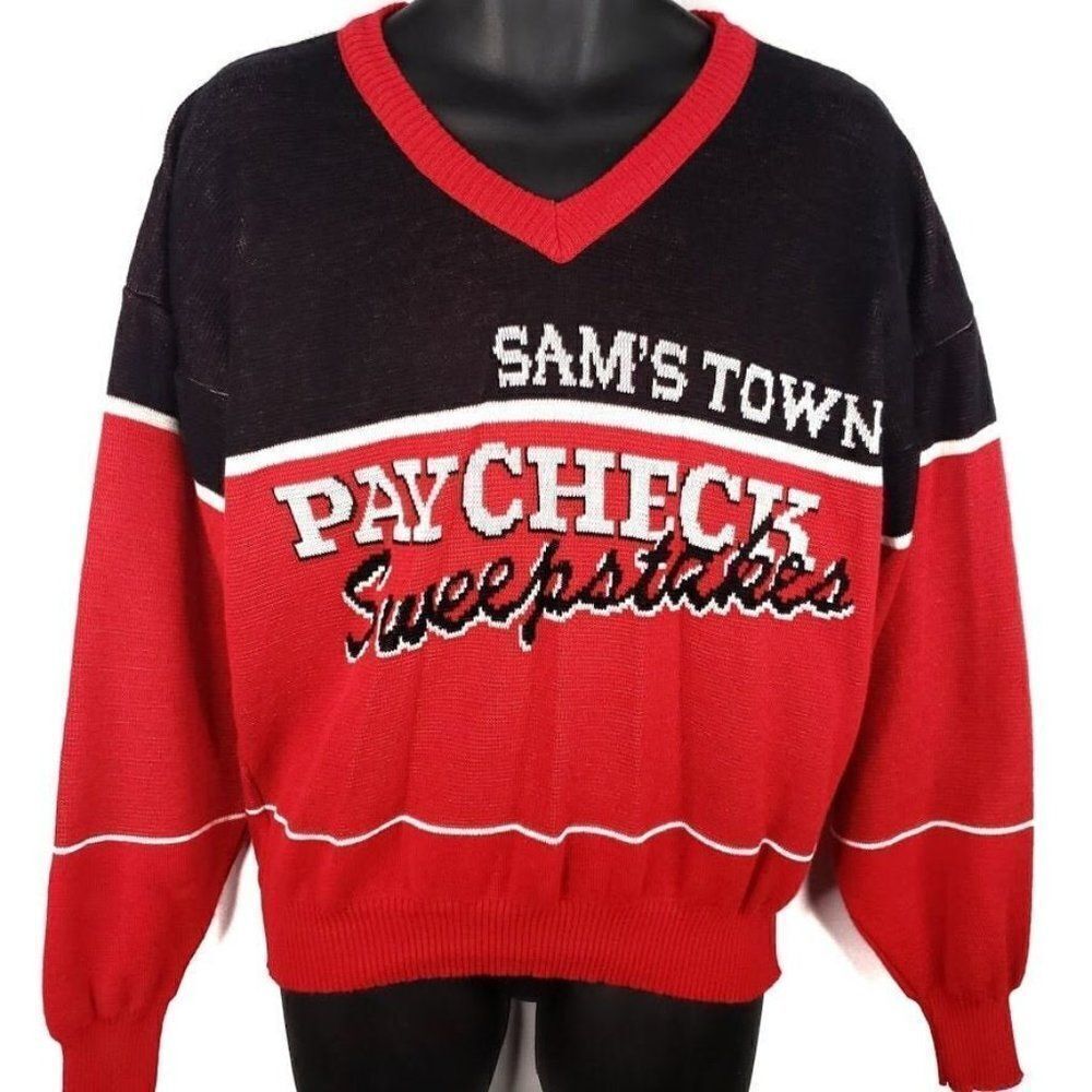 Sams Town Casino Sweater Vintage 80s Las Vegas V Neck Made In USA Mens Size Larg